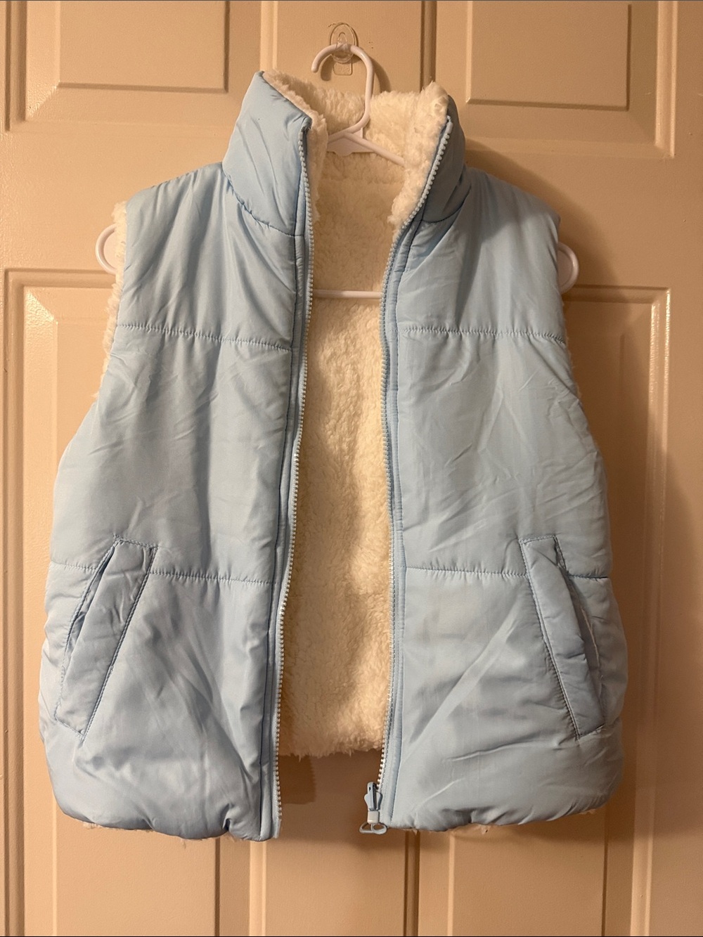 No Boundaries Light Blue Puffer Vest with Cream Sherpa Lining; reversible